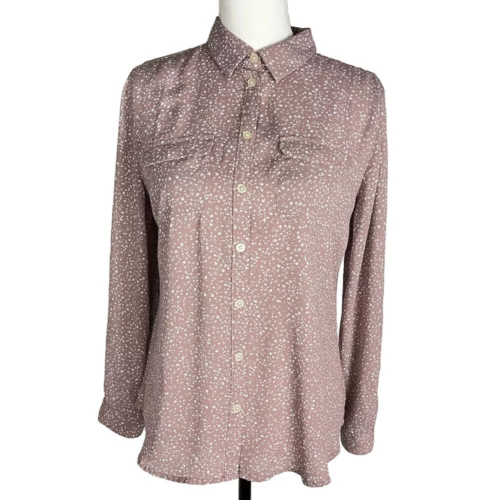 LOFT Top Pink Mauve MP Pockets Blouse Long Roll Tab Sleeve Button-Front Women's